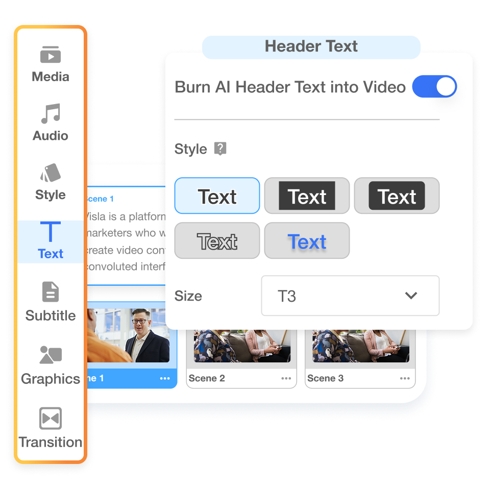 Scene-based video editor in Visla allows you to fine-tune your PDF to video output easily.